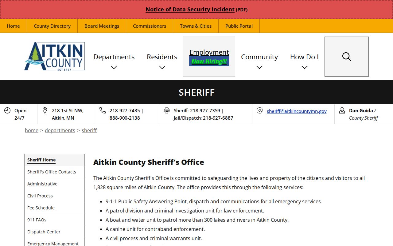 Aitkin County Sheriff current-custody roster and booking records source